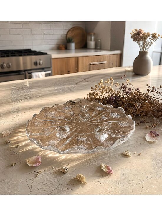 Other - Vintage Clear Glass Etched Floral Starburst Serving Dish Scalloped 8"